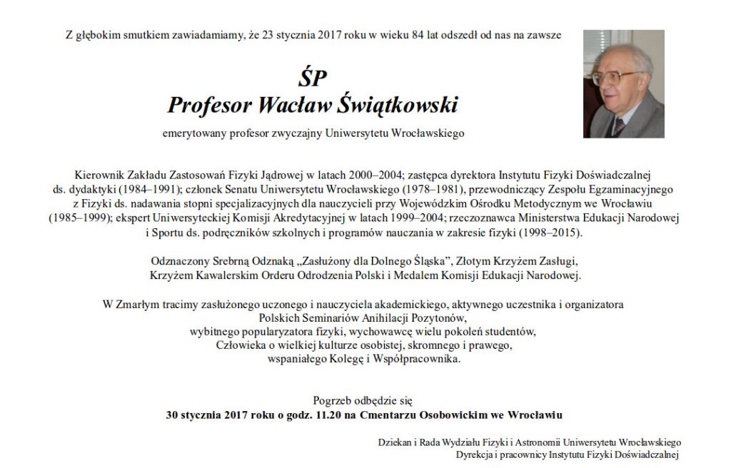 Zmarł prof. Wacław Świątkowski