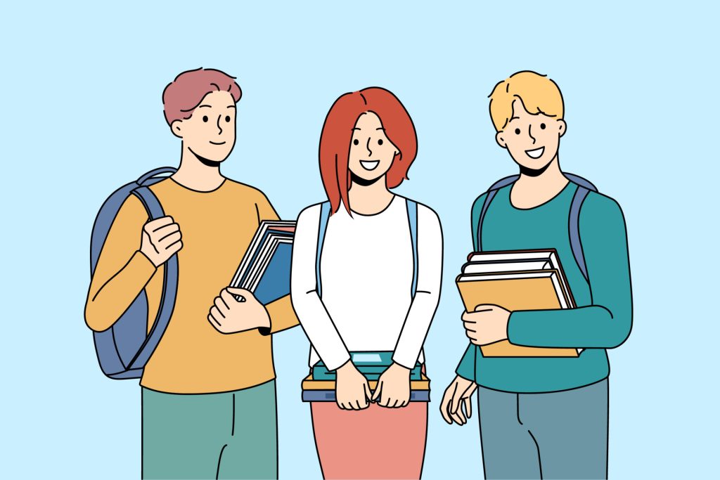 Portrait of smiling students with book and backpacks satisfied with education course. Happy people with textbooks at college or university.